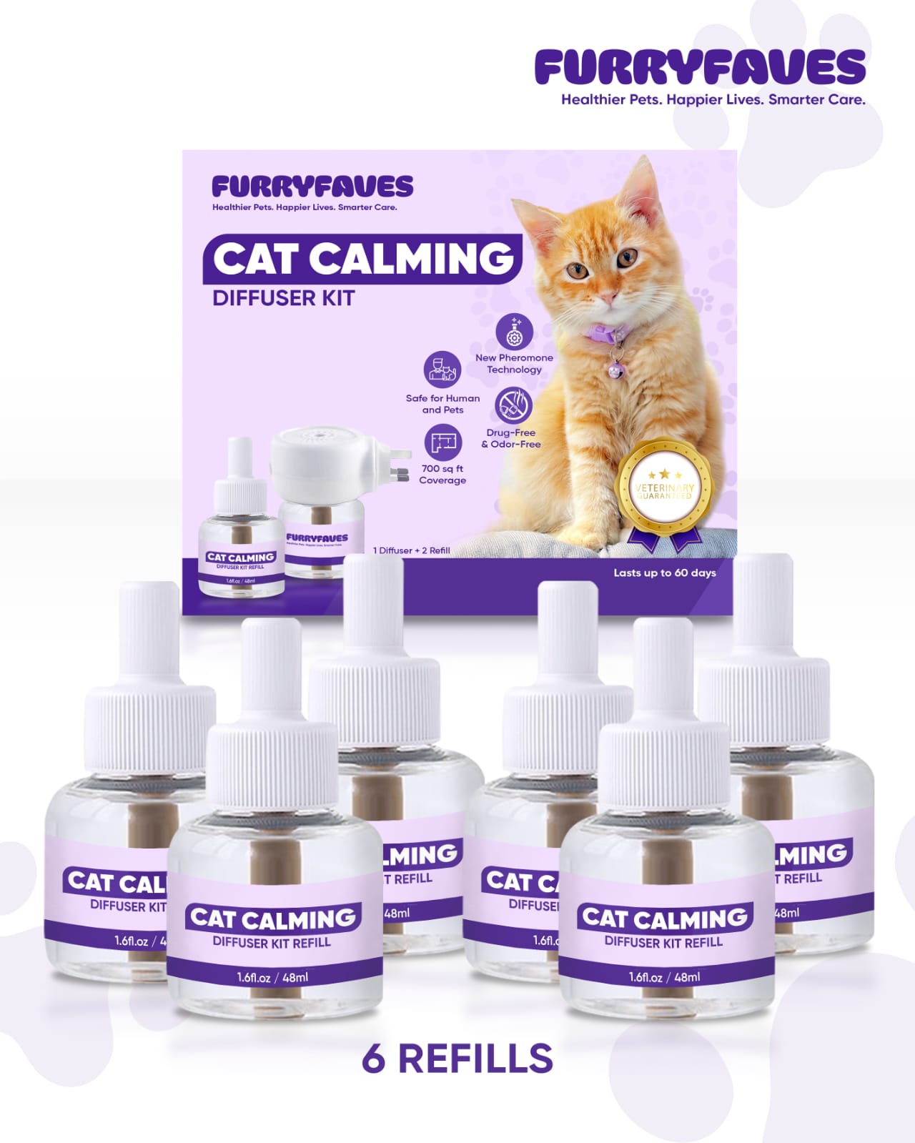 FurryFaves Cat Calming Diffuser Kit - 6 Refill Pack (6 Refills, No Diffuser Head)
